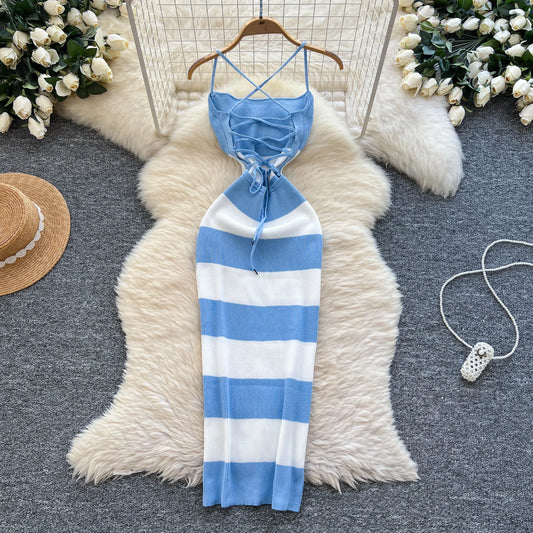 New Summer Stripe Elastic Bodycon Strap Dress Sexy Blackless Beach Sundress Women Casual Slim Pencil Vestidos Maxi Long Dress