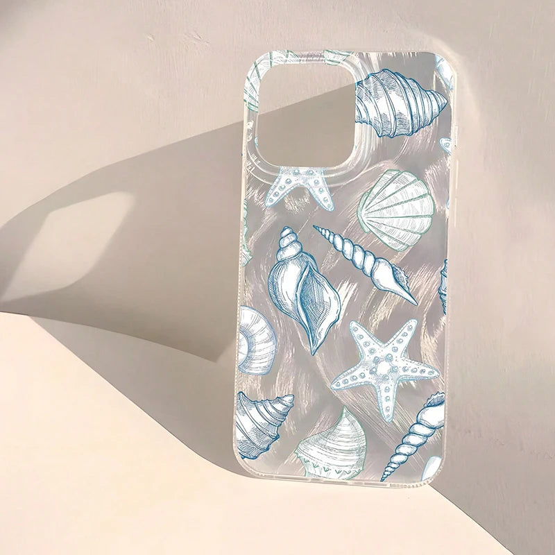 Seashell Starfish Pattern Phone Case For iPhone 11 13 14 15 16 Pro Max 16E 7 8 14 15 Plus X XS Max XR SE2 Feather Texture Cover