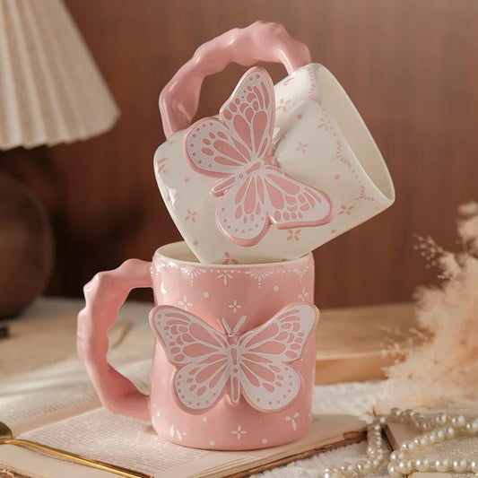 AhunderJiiaz Cute Creative Pink Butterfly Mug Cute Ceramic Couple Cup Household Cups Drinkware Set with Gift Box Coffee Mugs