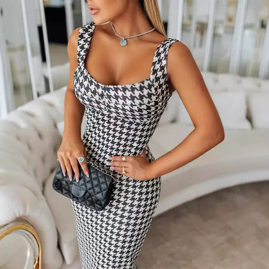 Houndstooth Print Low Neck Slim Fit Bodycon Dress Women Sleeveless High Waist Fashion Long Slim Dress