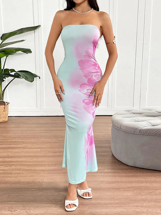 Sexy Women's Dresses New Summer Streetwear Fashion Print Casual Slim Maxi Dress Elegant Lady Backless Strapless Dresses Clothing