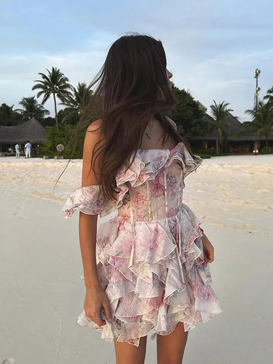 Sweet High Waist Slim Fit Pleated Mini Dress Fashion Printed Off-the-shoulder A-line Gown New Women Summer Party Club Vestidos