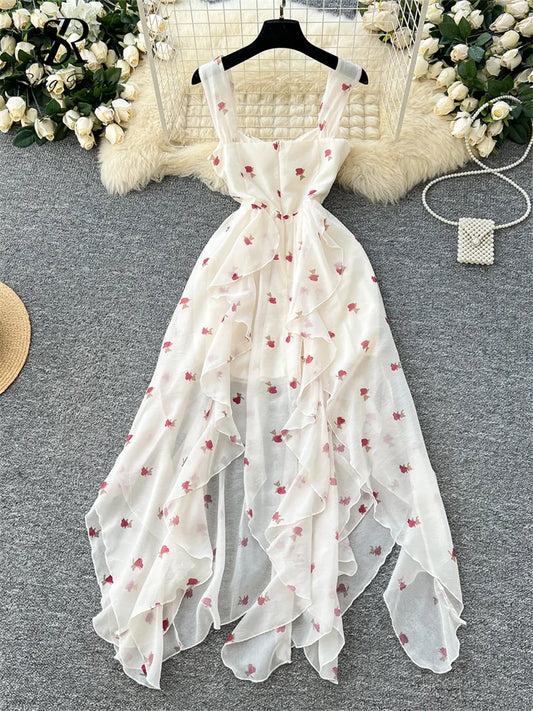 SINGREINY Beach Style Chiffon Dress Spaghetti Strap Sleeveless Floral Print Sweet Sundress Fashion Ladies Irregular Chic Dress