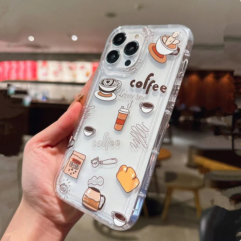 Multicolor Casual Coffee TPU Anti-Fall Clear Phone Case For iPhone 16 15 14 11 12 13 Pro Max Mini 7 8 Plus X XR XS SE 2020 Cover