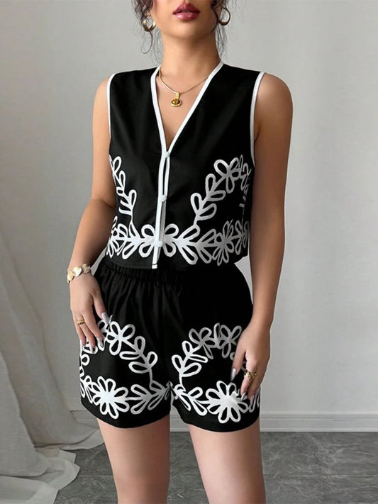 Summer 2025 Vacation Trends Stylish Print V-neck Vest+shorts Two-piece Suit New Summer Casual Slim Office Lady Short Sets