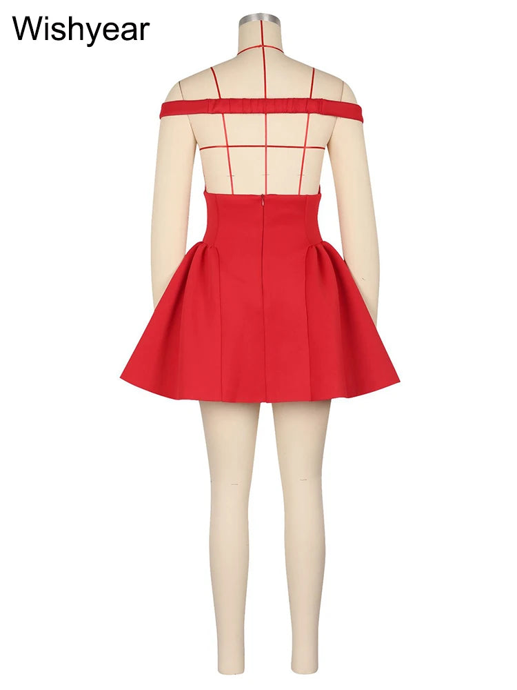 Robe courte rouge à col licou et décolleté plongeant en V pour femme, tenue de soirée moulante et princesse, sans manches, dos nu, idéale pour un anniversaire