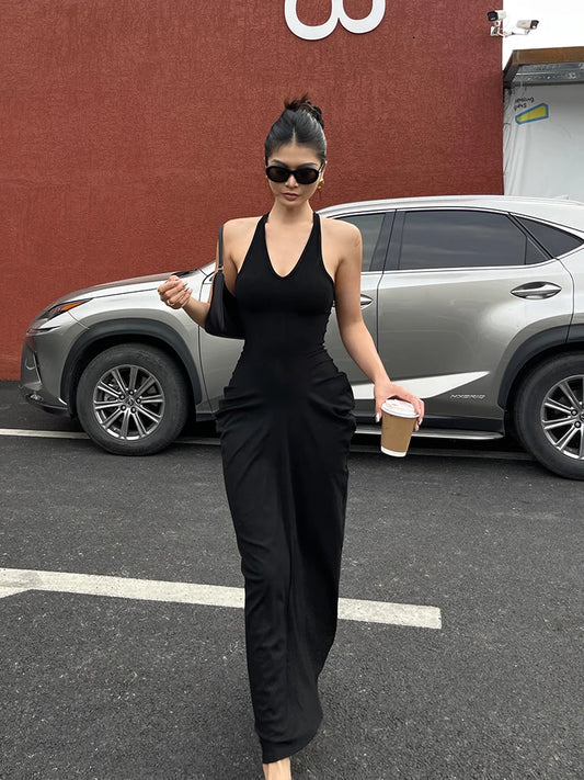 Spicy Girl V-neck Hanging Neck Sleeveless Dress Elegant Women's Summer New High Waist Slim Pleated Wrapped Hip Dresses ORPT
