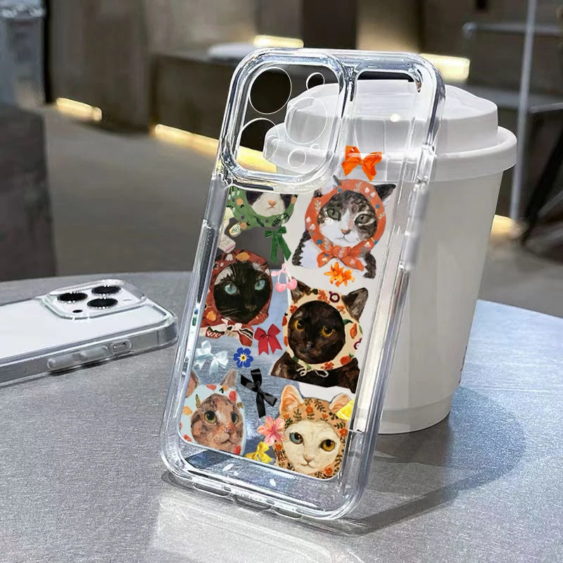 Cat Pattern Transparent TPU Shockproof Bumper Phone Case For iPhone 16E 16 15 14 13 12 11 Pro Max XS X 7 8 PLUS SE 2022 Cover
